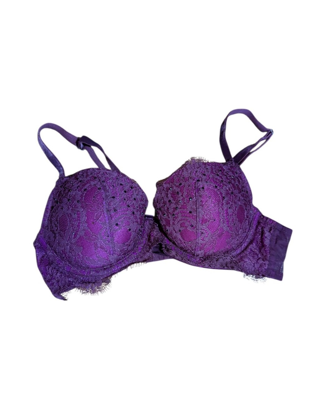 Victoria Secret Purple Merlot Demi Lined Lace Push-Up Bra Sparkly Sexy Sz 34B